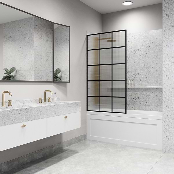 Finestra 34x62" Reversible Fixed Bathtub Door with Grid Fluted Glass in Matte Black