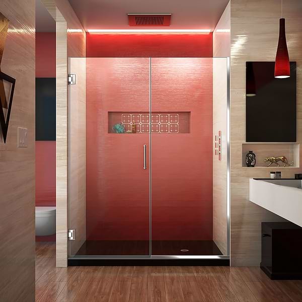 DreamLine Unidoor Plus 57-57.5x72" Reversible Hinged Shower Alcove Door with Clear Glass in Chrome