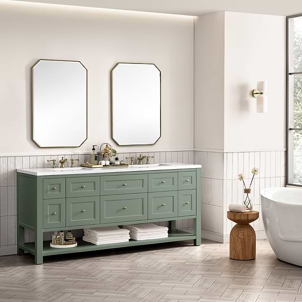 James Martin Vanities Breckenridge Smokey Celadon Green 72" Double Vanity with White Zeus Quartz Top