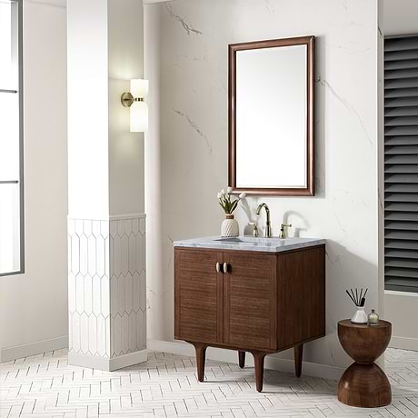 James Martin Vanities Amberly Mid-Century Walnut 30" Single Vanity with Carrara Marble Top