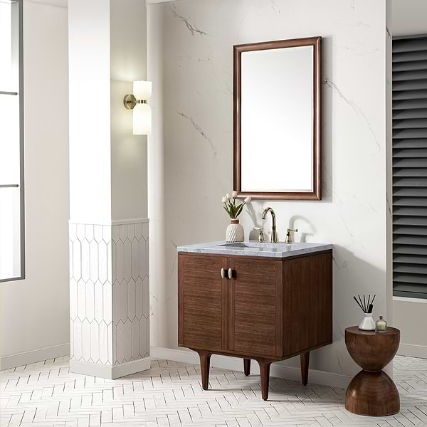 James Martin Vanities Amberly Mid-Century Walnut 30" Single Vanity with Carrara Marble Top