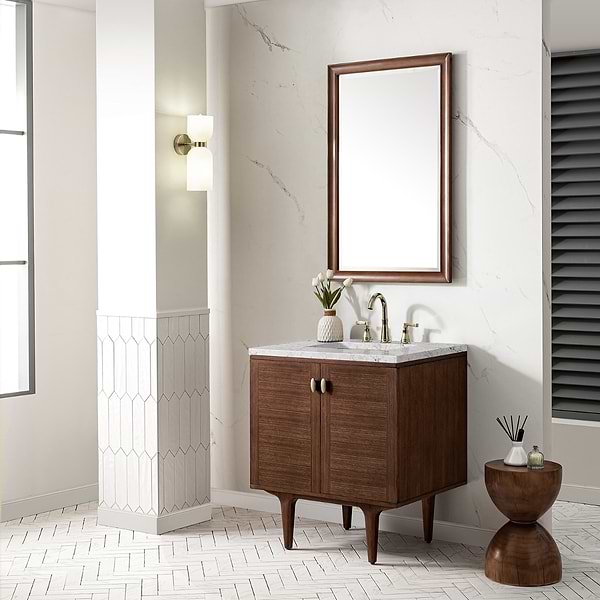 James Martin Vanities Amberly Mid-Century Walnut 30" Single Vanity with Eternal Jasmine Pearl Top
