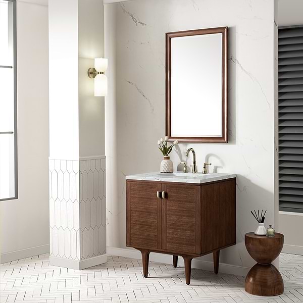 James Martin Vanities Amberly Mid-Century Walnut 30" Single Vanity with Ethereal Noctis Quartz Top