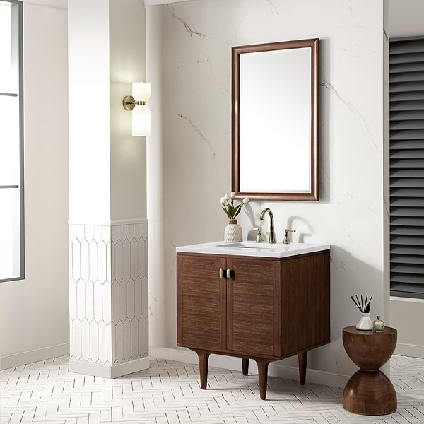 James Martin Vanities Amberly Mid-Century Walnut 30" Single Vanity with White Zeus Quartz Top