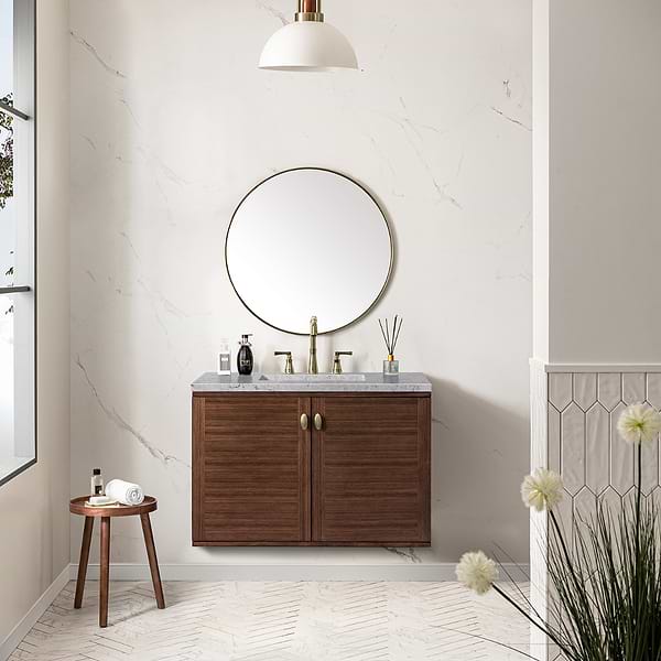 James Martin Vanities Amberly Mid-Century Walnut 36" Single Vanity with Eternal Jasmine Pearl Top