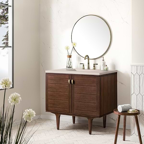James Martin Vanities Amberly Mid-Century Walnut 36" Single Vanity with Eternal Marfil Quartz Top