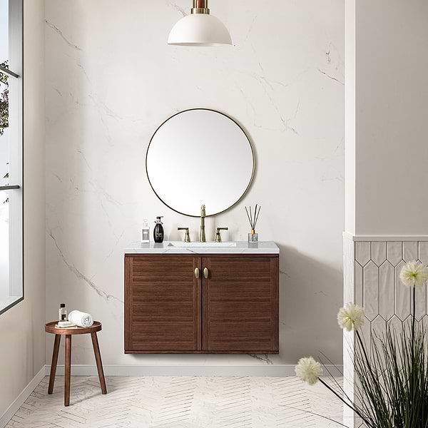 James Martin Vanities Amberly Mid-Century Walnut 36" Single Vanity with Ethereal Noctis Quartz Top