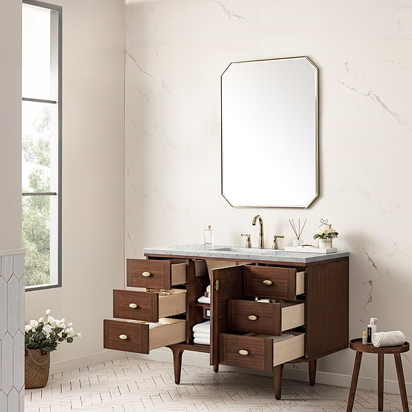 James Martin Vanities Amberly Mid-Century Walnut 48" Single Vanity with Eternal Jasmine Pearl Top