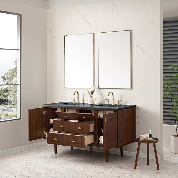 James Martin Vanities Amberly Mid-Century Walnut 60" Double Vanity with Charcoal Soapstone Quartz Top