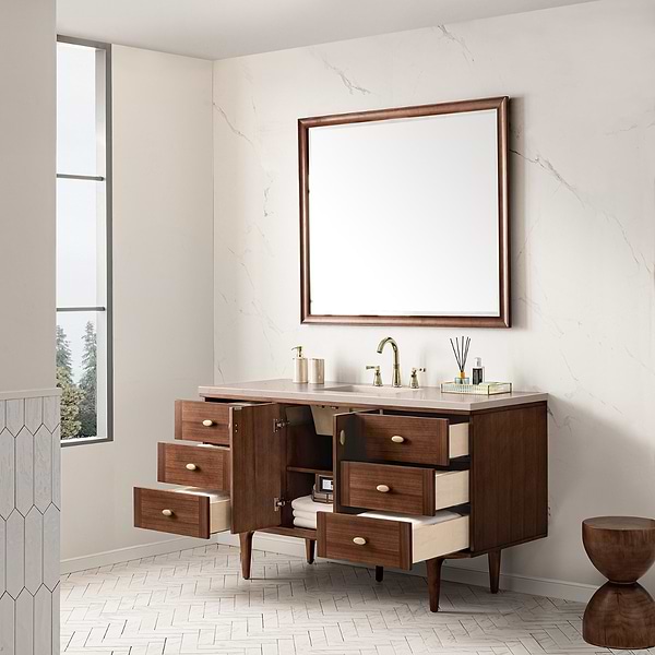 James Martin Vanities Amberly Mid-Century Walnut 60" Single Vanity with Eternal Marfil Quartz Top