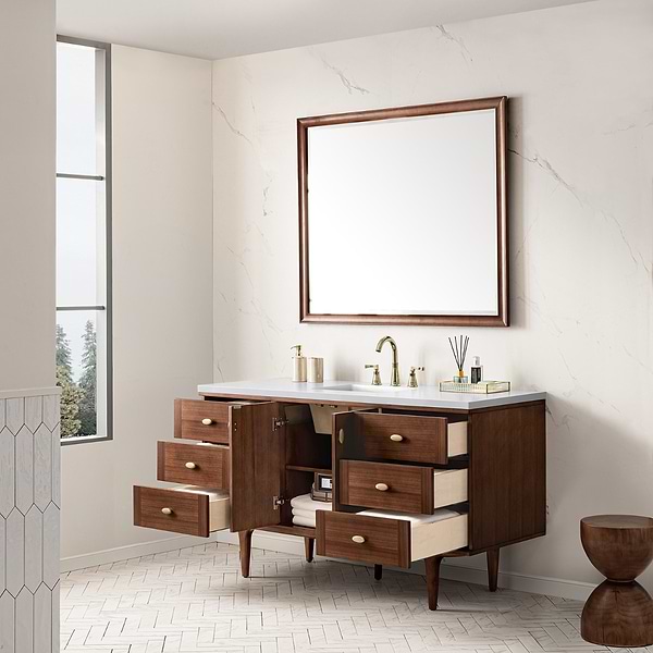 James Martin Vanities Amberly Mid-Century Walnut 60" Single Vanity with White Zeus Quartz Top