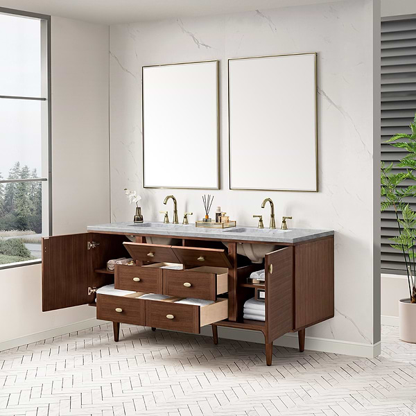 James Martin Vanities Amberly Mid-Century Walnut 72" Double Vanity with Carrara Marble Top