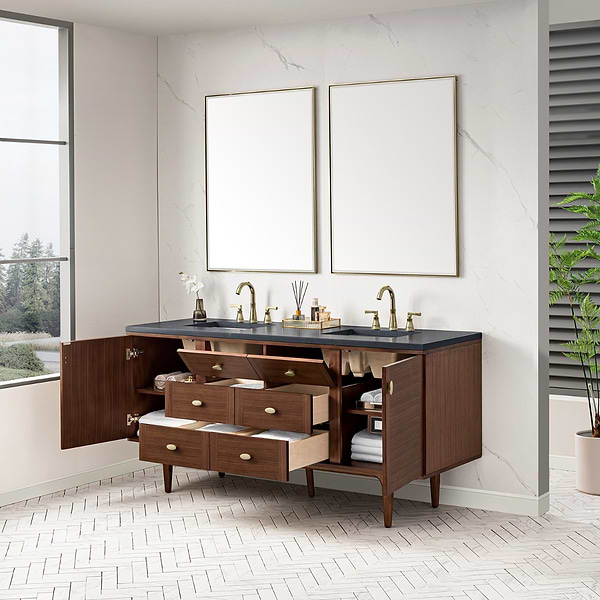 James Martin Vanities Amberly Mid-Century Walnut 72" Double Vanity with Charcoal Soapstone Quartz Top