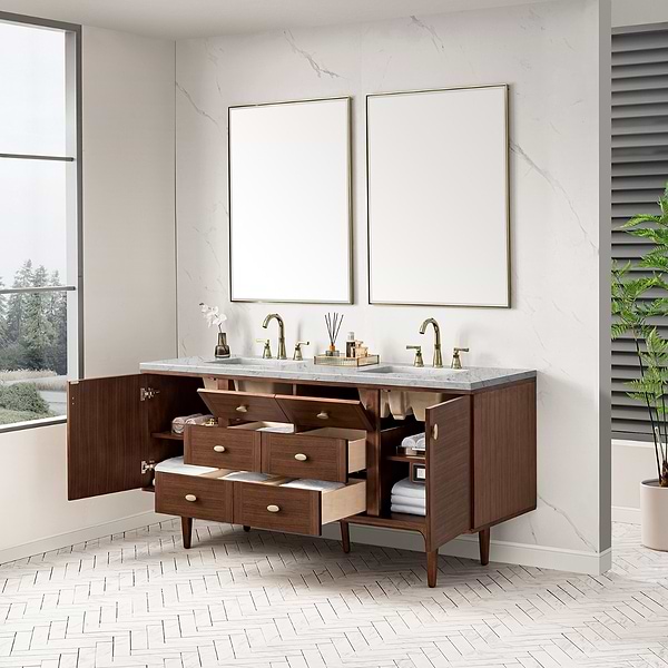 James Martin Vanities Amberly Mid-Century Walnut 72" Double Vanity with Eternal Jasmine Pearl Top