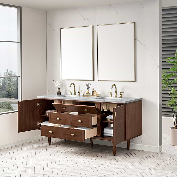 James Martin Vanities Amberly Mid-Century Walnut 72" Double Vanity with Ethereal Noctis Quartz Top