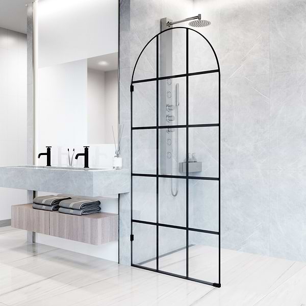 Burke 34x78" Reversible Semi-frameless Shower Screen with Grid Glass in Matte Black