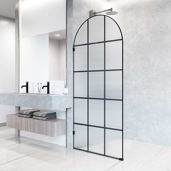 Burke 34x78" Reversible Semi-Frameless Shower Screen with Fluted Grid Glass in Matte Black