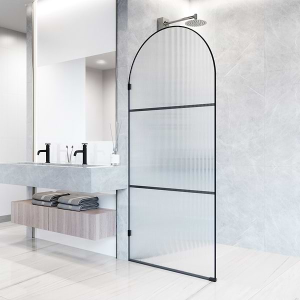 Burke 34x78" Reversible Semi-Frameless Shower Screen with Fluted Striped Glass in Matte Black