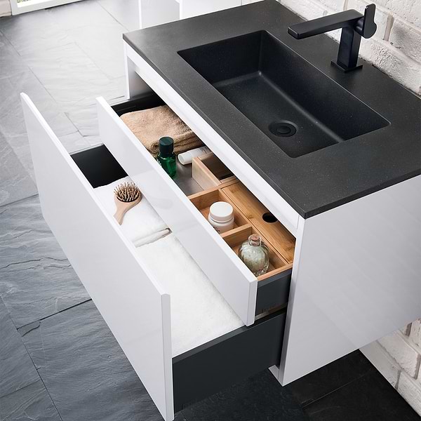 James Martin Vanities Mantova Glossy White 32" Floating Vanity with Charcoal Black Integrated Top