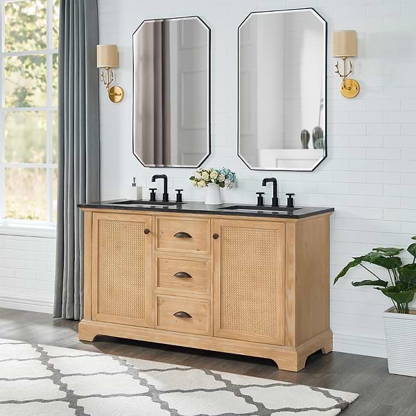 Olivier Blonde Wood 60" Double Vanity with Black Marble Top
