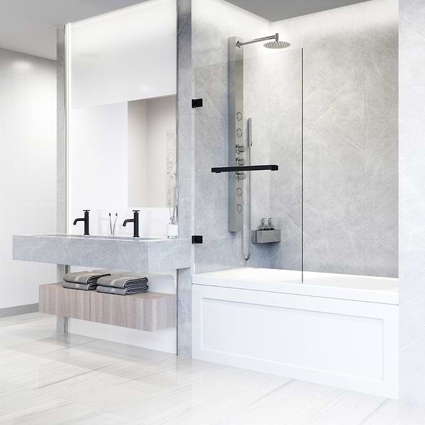 Milo 34"x58" Reversible Hinged Bathtub Screen with Clear Glass in Matte Black