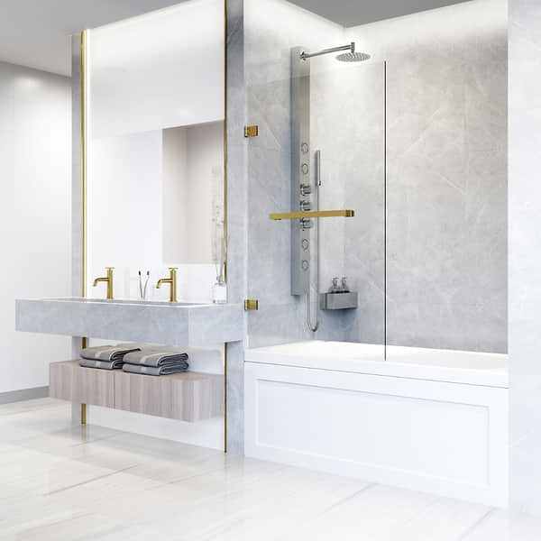 Milo 34"x58" Reversible Hinged Bathtub Screen with Clear Glass in Matte Brushed Gold