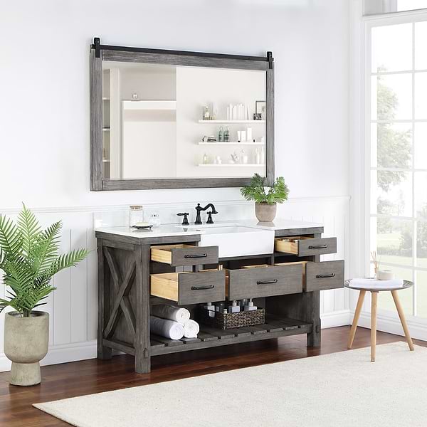 Inwood Gray Oak 60" Single Vanity with White Stone Top and Farmhouse  Sink