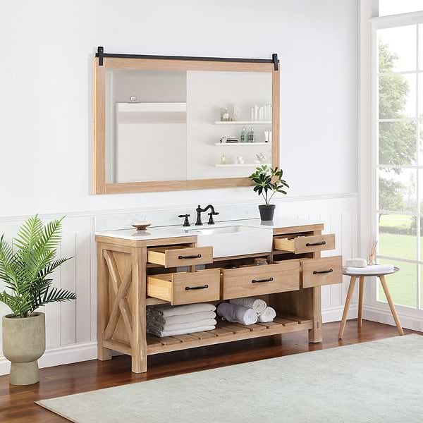 Inwood Blonde Oak 60" Single Vanity with White Stone Top and Farmhouse  Sink