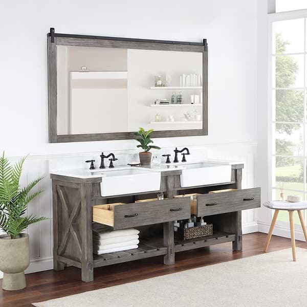 Inwood Gray Oak 72" Double Vanity with White Stone Top and Farmhouse Sink