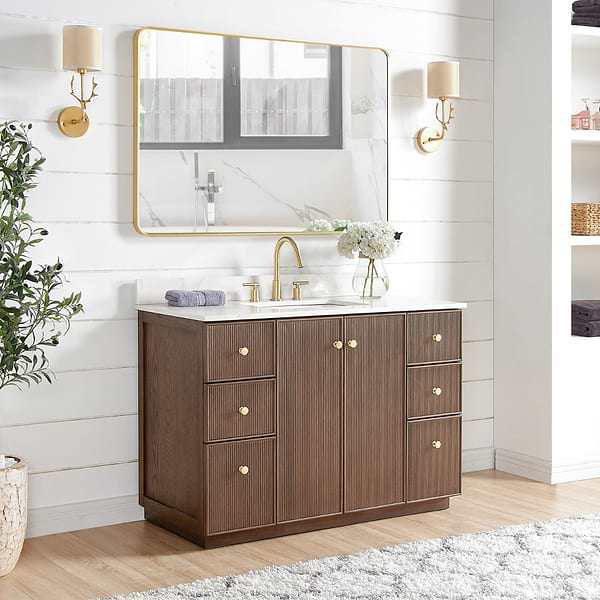 Florencia Brown Oak 48" Single Vanity with Pacific White Quartz Top