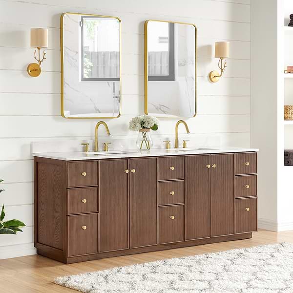 Florencia Brown Oak 84" Double Vanity with Pacific White Quartz Top