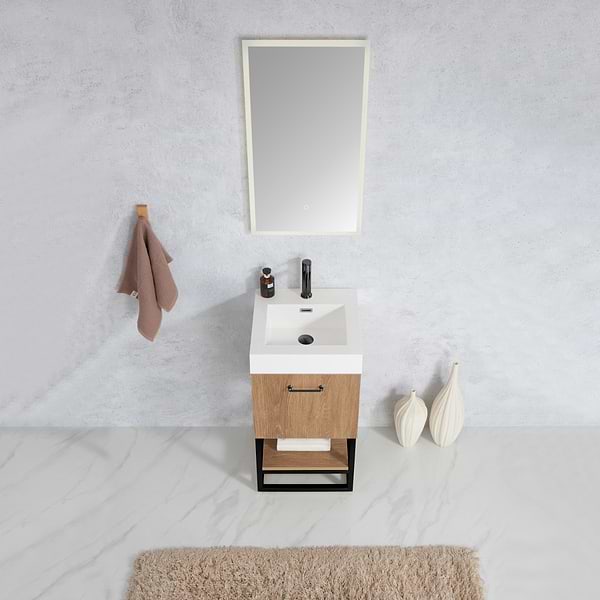 Ithica White Oak 18" Single Vanity and Black Hardware with White Intergrated Top