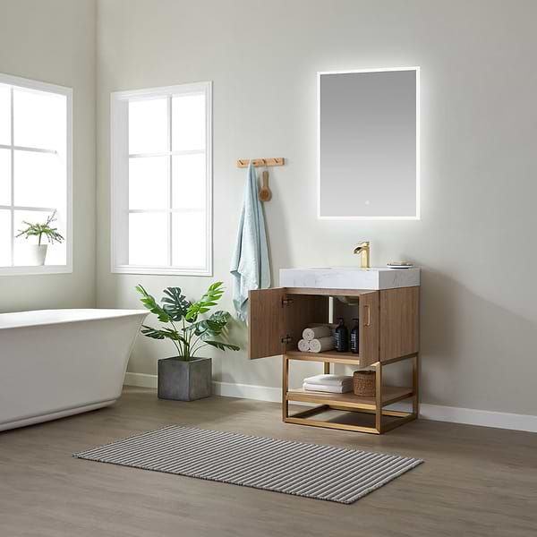 Ithica White Oak 24" Single Vanity and Gold Hardware with Atlantic Stone Top