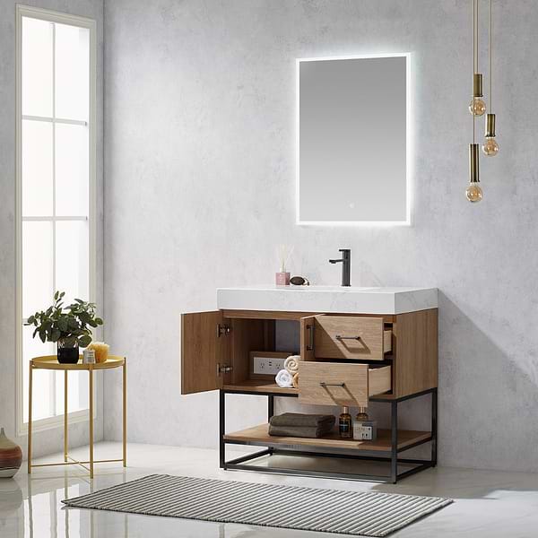 Ithica White Oak 36" Single Vanity and Black Hardware with Atlantic Stone Top