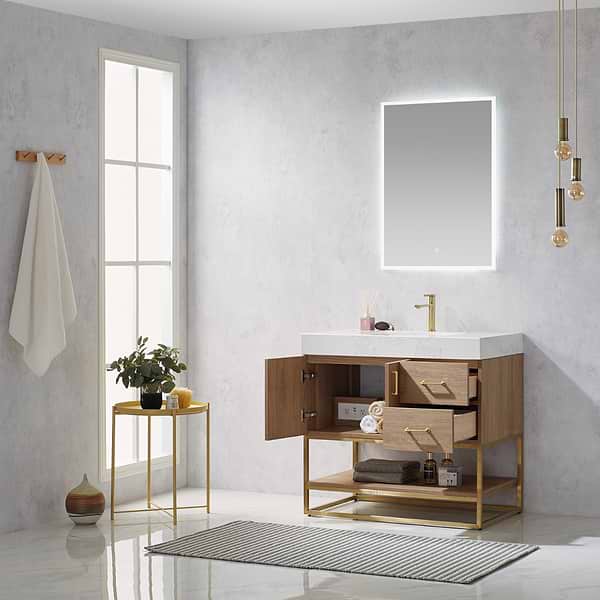 Ithica White Oak 36" Single Vanity and Gold Hardware with Atlantic Stone Top