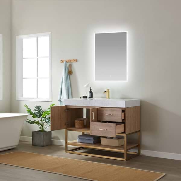 Ithica White Oak 42" Single Vanity and Gold Hardware with Atlantic Stone Top