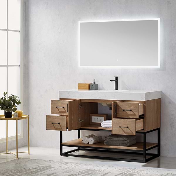 Ithica White Oak 48" Single Vanity and Black Hardware with Atlantic Stone Top