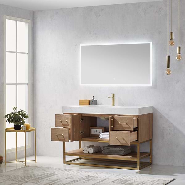 Ithica White Oak 48" Single Vanity and Gold Hardware with Atlantic Stone Top