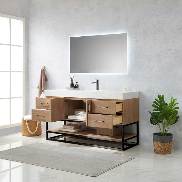 Ithica White Oak 60" Single Vanity and Black Hardware with Atlantic Stone Top