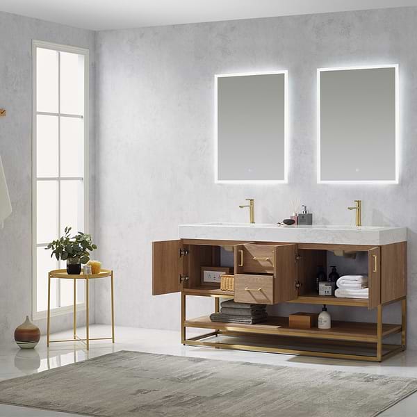 Ithica White Oak 60" Double Vanity and Gold Hardware with Atlantic Stone Top