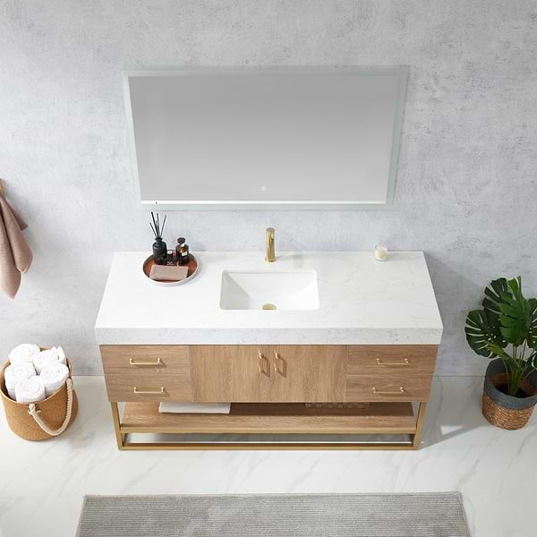Ithica White Oak 60" Single Vanity and Gold Hardware with Atlantic Stone Top