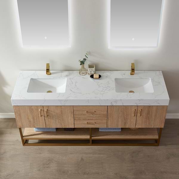 Ithica White Oak 72" Double Vanity and Gold Hardware with Atlantic Stone Top