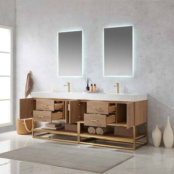 Ithica White Oak 84" Double Vanity and Gold Hardware with Atlantic Stone Top