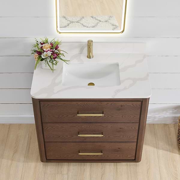 Genora Brown Oak 36" Single Vanity with Pacific White Quartz Top