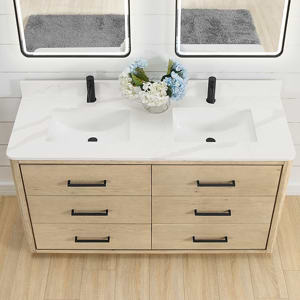 Genora Blonde Oak 60" Double Vanity with Pacific White Quartz Top