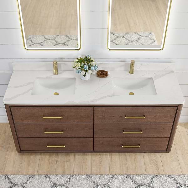 Genora Brown Oak 72" Double Vanity with Pacific White Quartz Top