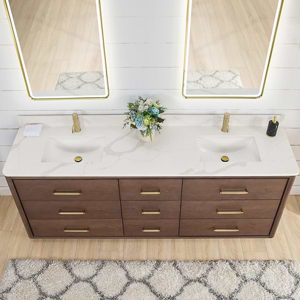 Genora Brown Oak 84" Double Vanity with Pacific White Quartz Top