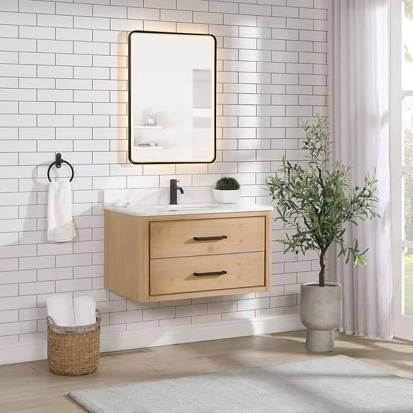 Riven Blonde Oak 36" Sinlge Vanity with Pacific White Quartz Top