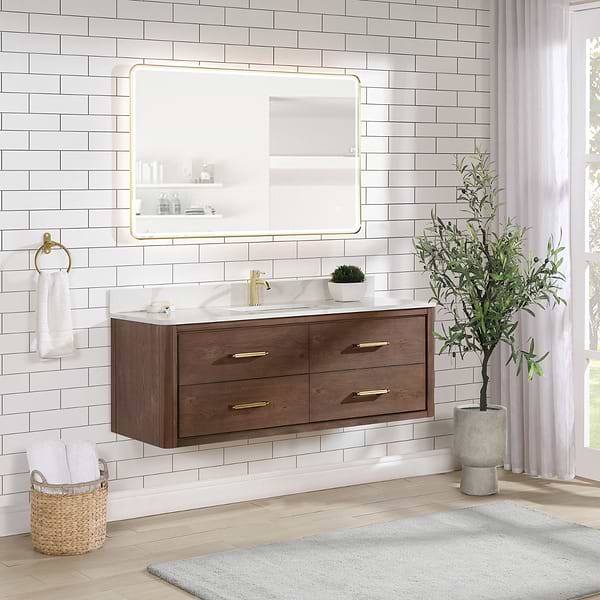 Riven Brown Oak 55" Single Vanity with Pacific White Quartz Top