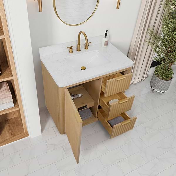 Solara Blonde Oak 36" Single Vanity with Bianco White Stone Top